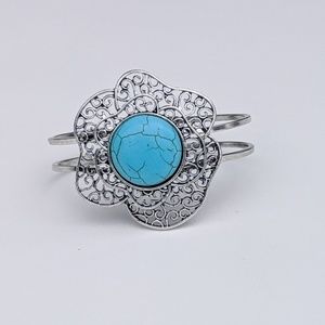 Turquoise center silver petal cuff bracelet